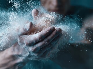 Fototapeta premium Close-up of hands releasing a cloud of white powder in a dramatic freeze-frame