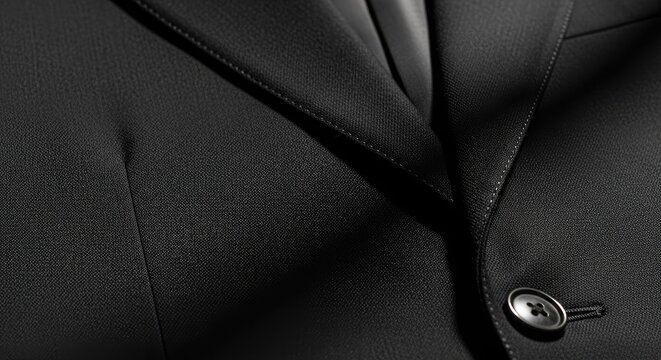 Close-up of black formal suit lapel and button.