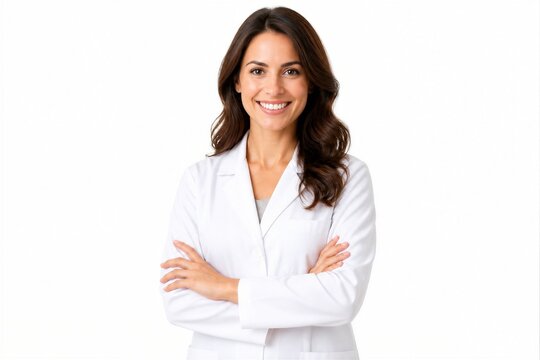 A woman in a white coat stands with her arms crossed and a smile. She is in a well-lit space with a plain background. The scene has a professional feel.