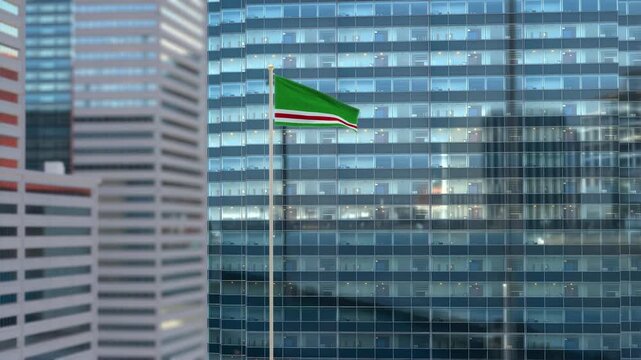 Chechen Republic of Ichkeria Flag 3D Render Animation Waving Against Glass Office Building - Daylight Scene