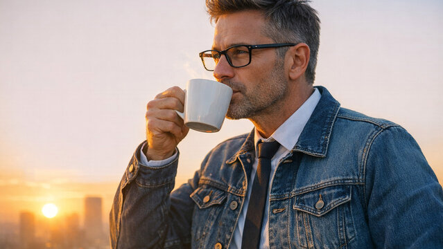 A man in a denim jacket and glasses savoring a cup of coffee against the backdrop of a city skyline during sunset.