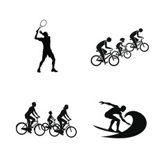 Naklejka premium Black Silhouette Icons of People Playing Tennis Cycling and Surfing on a Clean White Background