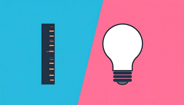 Creative concept showing a ruler and a light bulb on a split color background.