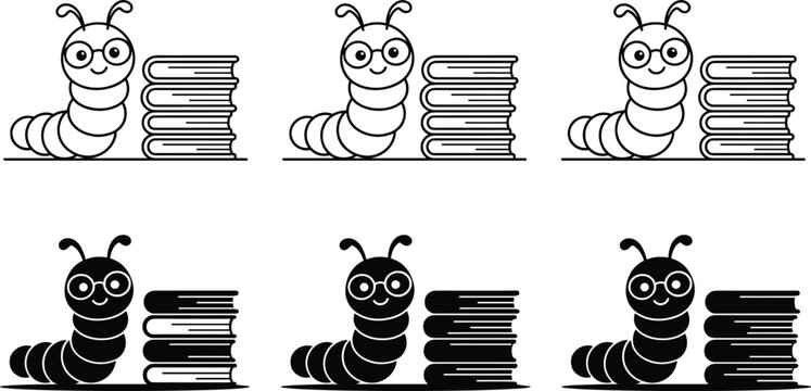 Cute bookworm caterpillar vector set wearing glasses next to a stack of books in linear outline and solid silhouette styles