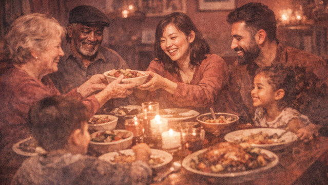 A joyful family gathering for Christmas dinner with grandparents and children enjoying food and company at home.