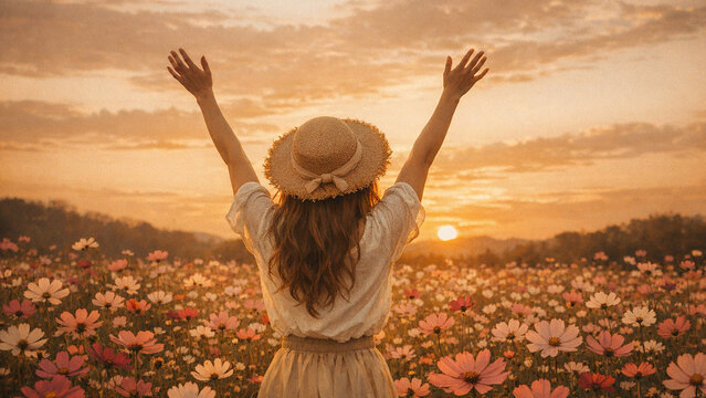 Sunset with woman raising arms and joyful expression on background of field flowers