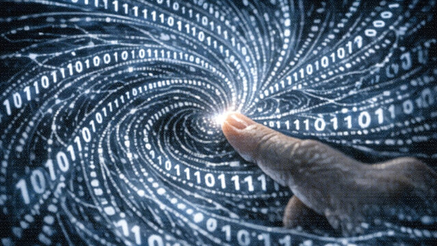 Conceptual digital hand in motion over futuristic digital world with binary code background.