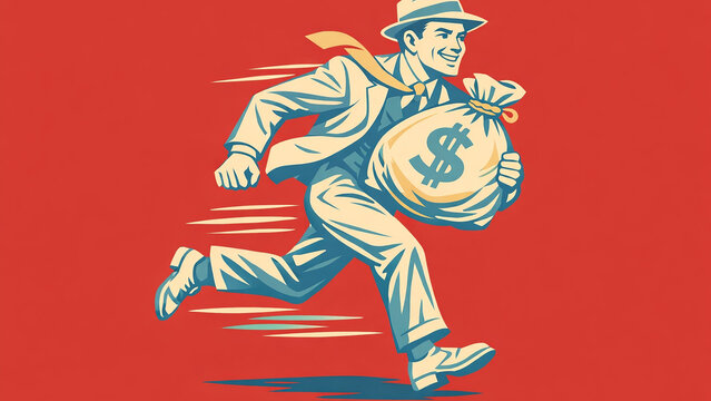 Cartoon illustration of man in suit running with money bag, symbolizing financial gain or chasing opportunities.