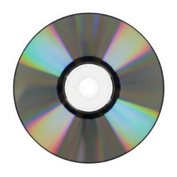 Holographic compact disc with rainbow light reflection on transparent background.