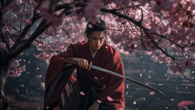 桜が散る中で抜刀前の緊張を見せる日本人武士