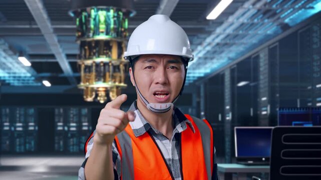 Close Up Of Angry Asian Male Engineer With Safety Helmet Shouting At Someone While Standing at Futuristic Quantum Computer Data Center Control Room