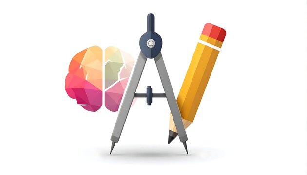 Creative design concept featuring a brain and drafting compass with pencil.