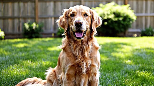 Happy golden retriever sitting on a sunny green lawn in the backyard