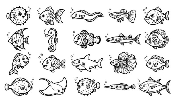 Cute Hand Drawn Fish Collection with Sea Creatures and Marine Animal Outline Illustrations