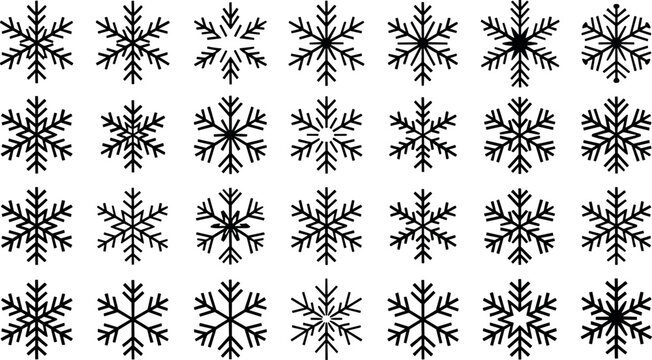 Winter snowflake vector icon mega set with flat linear geometric black shapes isolated on white background for Christmas design decoration