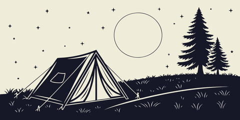 Minimal black silhouette of camping tent under moonlit sky with pine trees outdoors ©  MST RABEYA  BEGUM