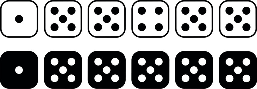 Black and white flat dice vector icon set showing single pips and number five combinations for board games on white background