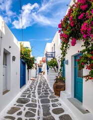 Fototapeta premium Narrow cobblestone street with white buildings and vibrant flowers