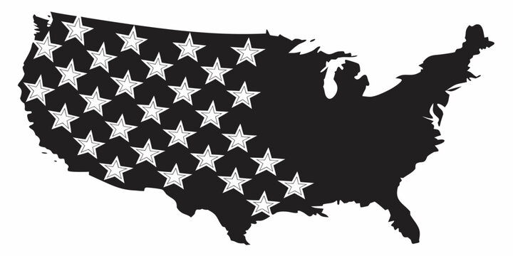 Black silhouette of usa map with white stars, minimalist black background, star pattern