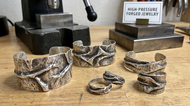 Collection of handcrafted sterling silver jewelry pieces displayed on a workbench in a professional metalsmith studio.