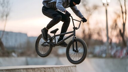 Obraz premium A person riding a BMX bike mid air over a concrete ramp during sunset with blurred background trees and buildings