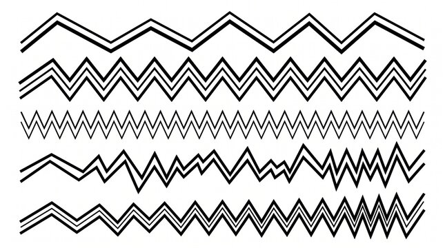 Five parallel zigzag line pairs varying in frequency and amplitude symbolizing rhythm, motion, and energy in minimalist geometric design.