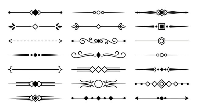 Vintage decorative dividers and ornamental borders set, 21 black vector line flourishes, elegant calligraphic page separators for wedding stationery
