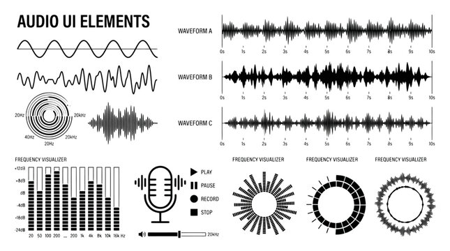 Audio UI elements set with sound waveforms and frequency equalizer bars, digital music interface icons, black and white vector podcast tools