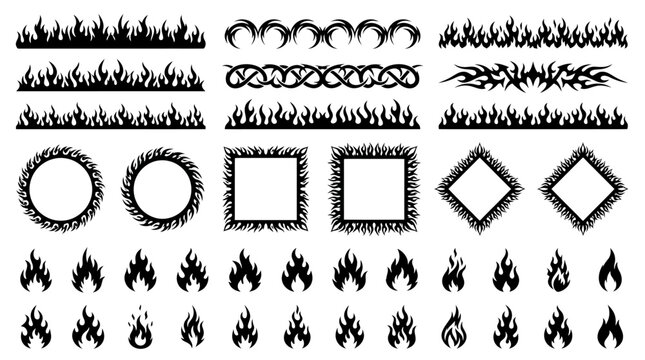 Tribal flame vector elements set, black fire silhouette borders and frames, gothic tattoo style flame icons for automotive decals and apparel design