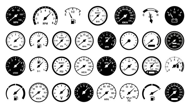 Automotive dashboard gauge icons set, 32 black and white vector speedometer and tachometer dials, car instrument panel indicators for fuel and pressure