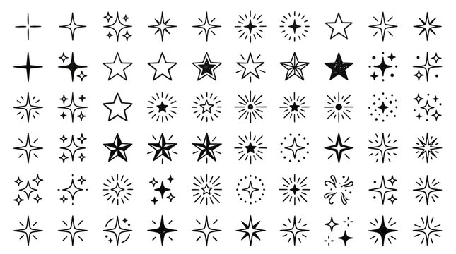 Sparkle star icons set, black minimalist twinkling starburst vector elements, 60 decorative shining glitter symbols for graphic design