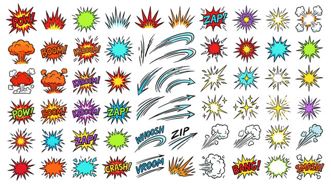 Comic book explosion effects and speech bubbles set, pop art sound clouds and action bursts, 60 colorful cartoon speed lines and blast vectors