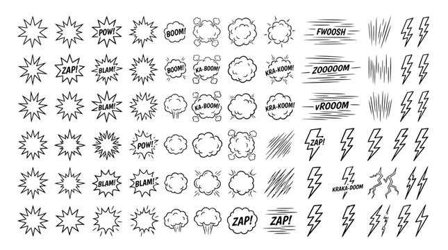 Comic book speech bubbles and explosion effects set, hand drawn pop art sound clouds and lightning bolts, black and white doodle vector elements