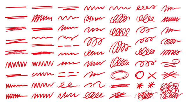 Red hand drawn scribble lines and marker strokes, set of 56 messy pen doodles and underlines, sketch brush strokes for correction and emphasis