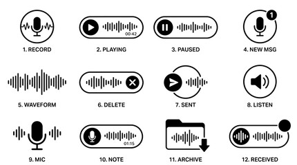 Voice message icons set, audio waveform and microphone symbols for mobile app UI, 12 black vector elements for recording and playing sound notes © SiyamolHasan