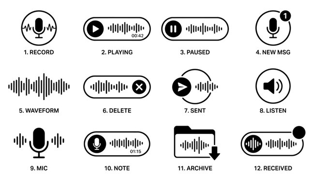 Voice message icons set, audio waveform and microphone symbols for mobile app UI, 12 black vector elements for recording and playing sound notes