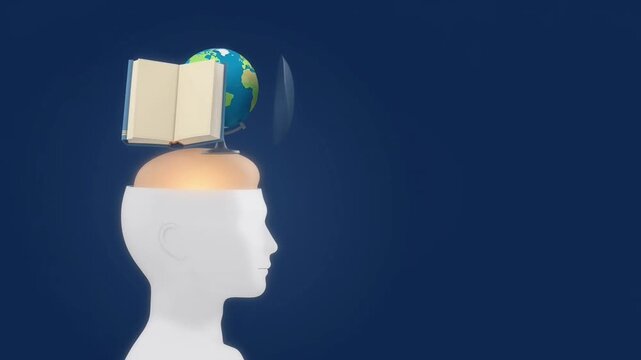 Human head silhouette opening to reveal floating books and a globe