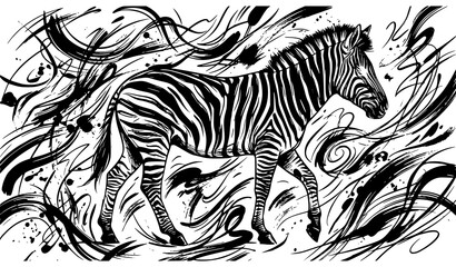 Artistic Zebra Standing Among Abstract Flowing Ink Lines and Dynamic Brush Stroke Background © SobujChandra