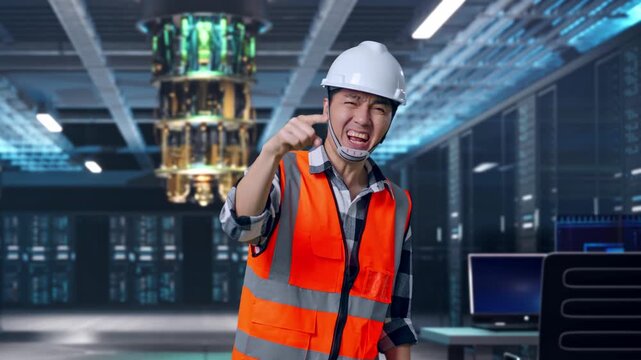 Angry Asian Male Engineer With Safety Helmet Shouting At Someone While Standing at Futuristic Quantum Computer Data Center Control Room
