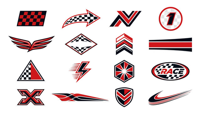 Racing sports decals and automotive graphics set, 16 vector icons with checkered flags and speed symbols, red and black performance car stickers