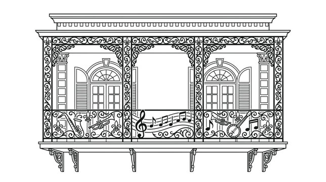 Ornate Balcony with Music Notes and Instruments Illustration