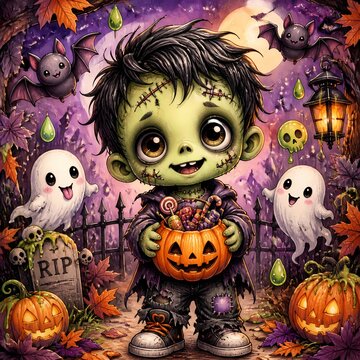 Spooky cute frankenstein zombie illustration with halloween night graveyard background for festive design