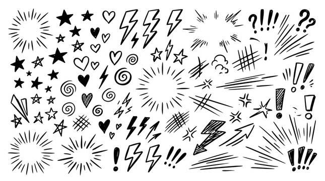 Hand drawn comic elements set, black ink doodle icons with lightning bolts and stars, expressive sketch symbols for manga and pop art design
