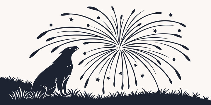 Black silhouette of fireworks exploding in night sky with dotted trails explosion