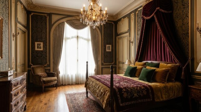 Luxurious bedroom with a grand canopy bed and ornate chandelier