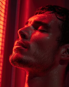 A close-up of a man with wet skin illuminated by intense red light, eyes closed, exuding a sense of calm and introspection