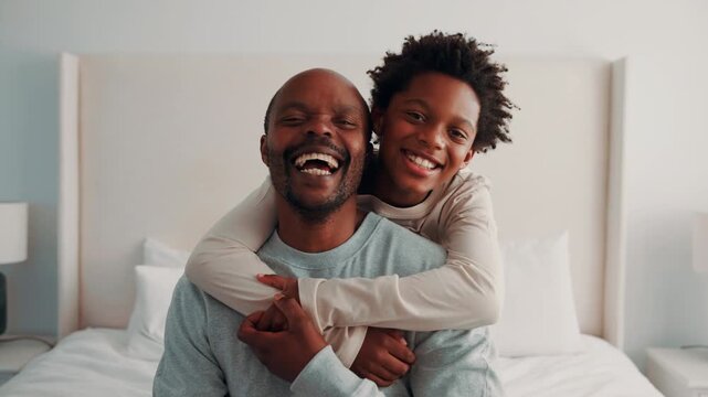 Happy, hug and face of father with kid on bed in home for bonding, love and connection together. Laugh, portrait and African child embracing dad for safety, support and trust in family at house.