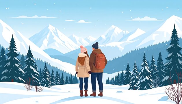 Couple viewing snow-covered mountains. Snowy scene in blue tones