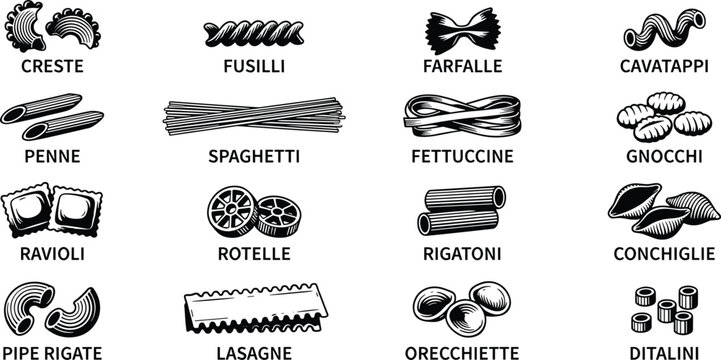 Italian pasta varieties types set with spaghetti fusilli farfalle penne ravioli rigatoni gnocchi vintage sketch engraving vector illustration