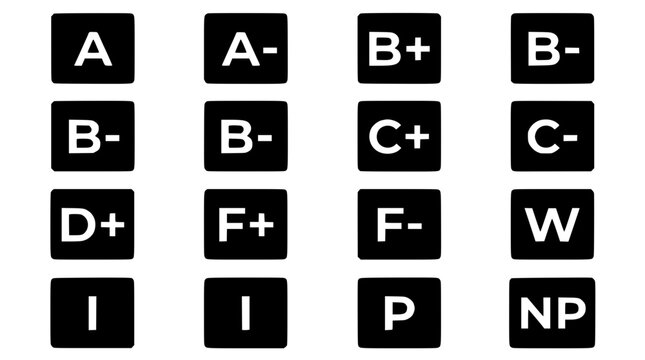 Grades and Academic Symbols on Black Square Icons with White Lettering Featuring Grade, Symbol, Letter with Icon and a Elements